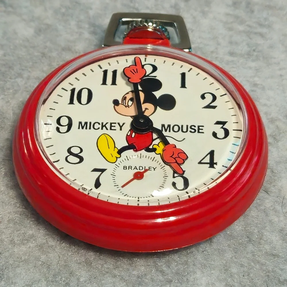 BRADLEY Mickey Mouse Pocket Watch Vintage 1970s Red Original Box Parts Repair